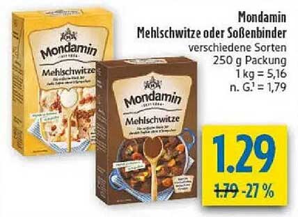 Mondamin Mehlschwitze oder Soßenbinder verschiedene Sorten 250 g Packung 1 kg = 5,16 n. G. = 1,79