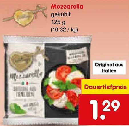 Mozzarella gekühlt 125 g (10.32 / kg)