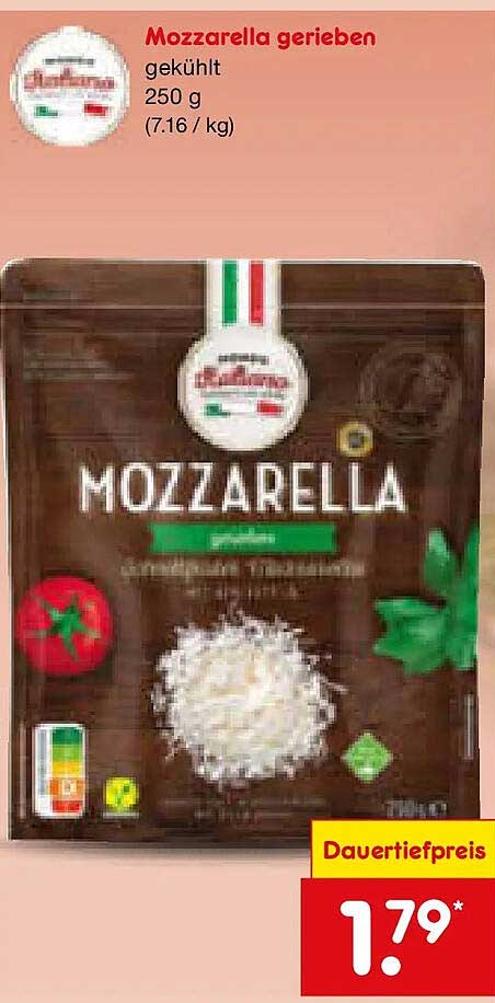 Mozzarella gerieben gekühlt 250 g (7.16 / kg)