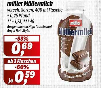 müller Müllermilch versch. Sorten, 400 ml Flasche + 0,25 Pfand 1 l = 1,73, **1,49 Ausgenommen High Protein und Angel Hair Style.
