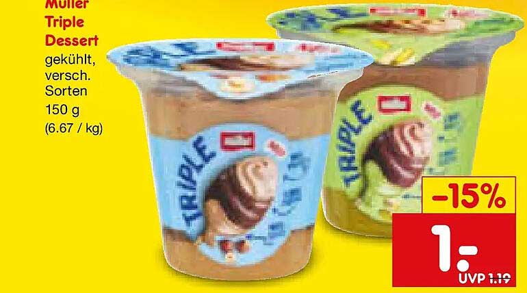 Müller Triple Dessert gekühlt, versch. Sorten 150 g (6.67 / kg)