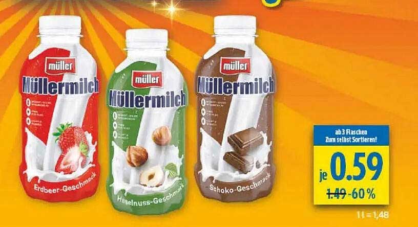 Müllermilch Erdbeer-Geschmack, Haselnuss-Geschmack, Schoko-Geschmack