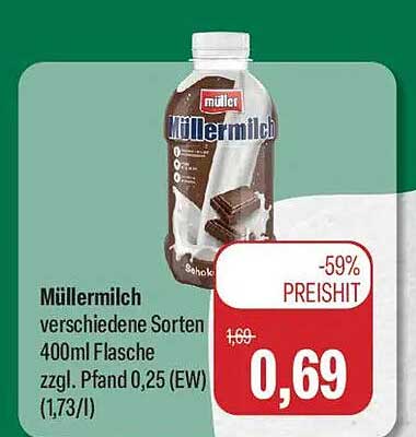 Müllermilch verschiedene Sorten 400ml Flasche zzgl. Pfand 0,25 (EW) (1,73/l)
