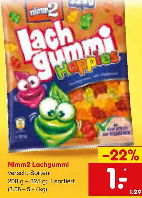 Nimm2 Lachgummi versch. Sorten 200 g – 325 g; 1 sortiert (3.08 – 5.- / kg)