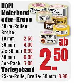 NOPI Malerband oder -Krepp 50-m-Rollen, Breite: 19 mm 30 mm 2 x 30 mm 50 mm 3er-Pack Verlegeband 25-m-Rolle, Breite: 50 mm