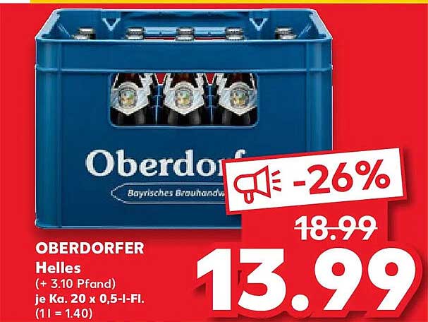OBERDORFER Helles (+ 3.10 Pfand) je Ka. 20 x 0,5-l-Fl. (1 l = 1.40)