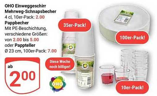 OHO Einweggeschirr Mehrweg-Schnapsbecher 4 cl, 10er-Pack; Pappbecher mit PE-Beschichtung, verschiedene Größen; oder Pappteller Ø 23 cm, 100er-Pack