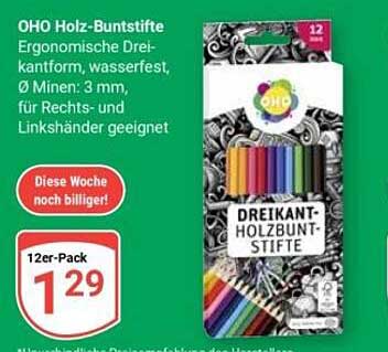 OHO Holz-Buntstifte Ergonomische Dreikantform, wasserfest, Ø Minen: 3 mm, für Rechts- und Linkshänder geeignet