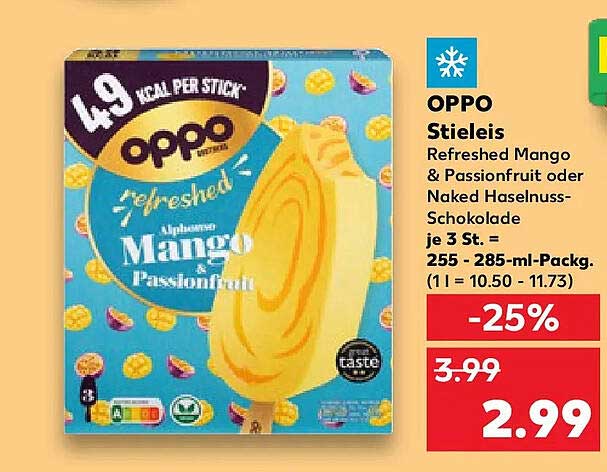 OPPO Stieleis Refreshed Mango & Passionfruit oder Naked Haselnuss-Schokolade je 3 St. = 255 - 285-ml-Packg. (1 l = 10.50 - 11.73)
