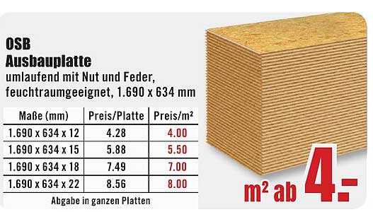 OSB Ausbauplatte umlaufend mit Nut und Feder, feuchtraumgeeignet, 1.690 x 634 mm
