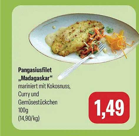 Pangasiusfilet „Madagaskar“ mariniert mit Kokosnuss, Curry und Gemüsestückchen 100g (14,90/kg)