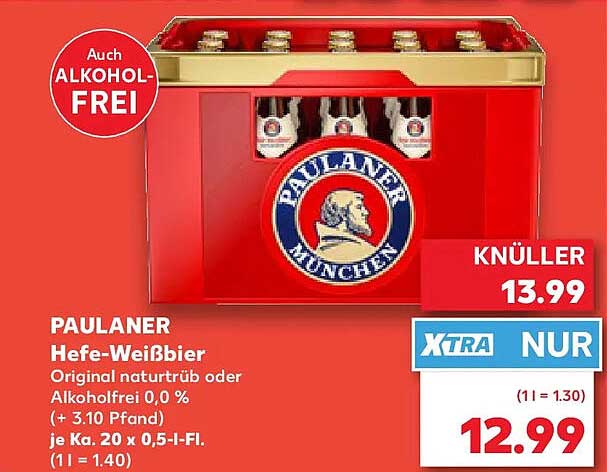 PAULANER Hefe-Weißbier Original naturtrüb oder Alkoholfrei 0,0 % (+ 3.10 Pfand) je Ka. 20 x 0,5-l-Fl. (1 l = 1.40)