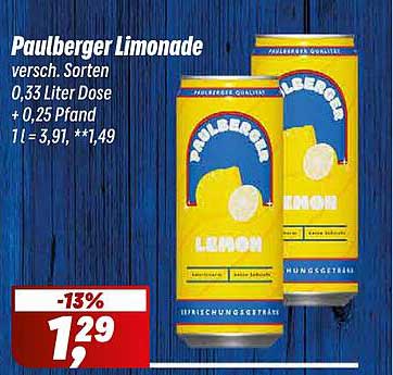 Paulberger Limonade versch. Sorten 0,33 Liter Dose + 0,25 Pfand 1 l = 3,91, **1,49