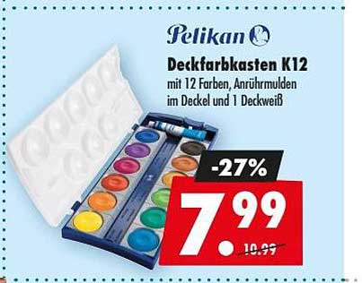 Pelikan Deckfarbkasten K12 mit 12 Farben, Anrührmulden im Deckel und 1 Deckweiß