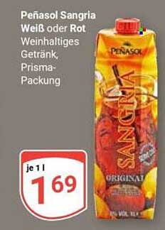 Peñasol Sangria Weiß oder Rot Weinhaltiges Getränk, Prisma-Packung