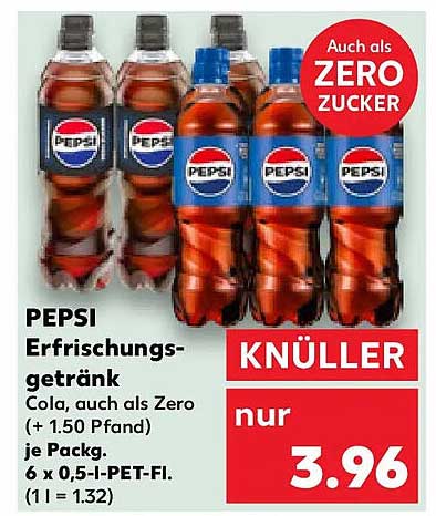 PEPSI Erfrischungsgetränk Cola, auch als Zero (+ 1.50 Pfand) je Packg. 6 x 0,5-l-PET-Fl. (1 l = 1.32)