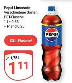 Pepsi Limonade Verschiedene Sorten, PET-Flasche, 1 l = 0.63 + Pfand 0.25