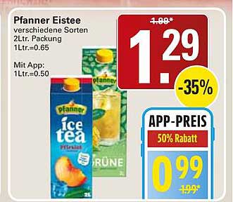 Pfanner Eistee verschiedene Sorten 2Ltr. Packung 1Ltr.=0.65 Mit App: 1Ltr.=0.50