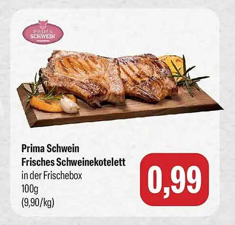 Prima Schwein Frisches Schweinekotelett in der Frischebox 100g (9,90/kg)