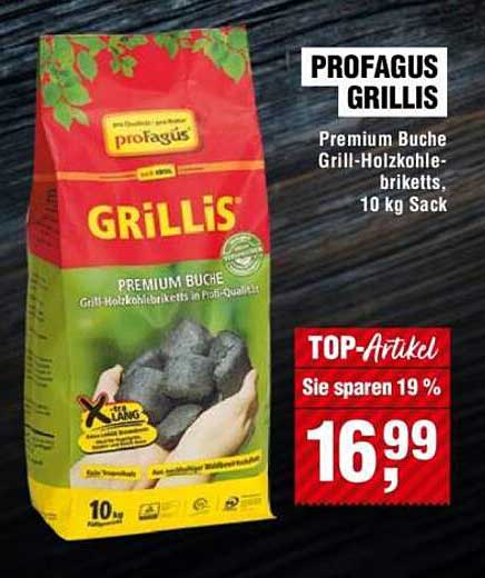 PROFAGUS GRILLIS Premium Buche Grill-Holzkohlebriketts, 10 kg Sack
