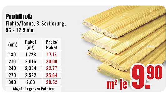 Profilholz Fichte/Tanne, B-Sortierung, 96 x 12,5 mm