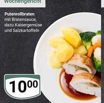 Putenrollbraten mit Bratensauce, dazu Kaisergemüse und Salzkartoffeln