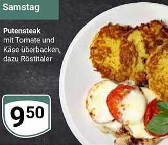 Putensteak mit Tomate und Käse überbacken, dazu Rösti­taler