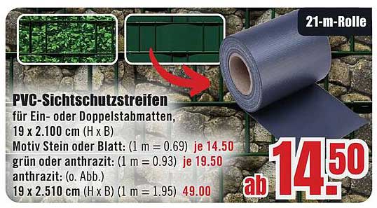 PVC-Sichtschutzstreifen für Ein- oder Doppelstabmatten, 19 x 2.100 cm (H x B), Motiv Stein oder Blatt, grün oder anthrazit, anthrazit