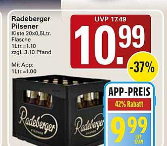 Radeberger Pilsener Kiste 20x0,5Ltr. Flasche 1Ltr.=1.10 zzgl. 3.10 Pfand Mit App. 1Ltr.=1.00