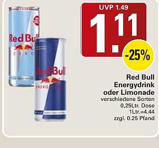 Red Bull Energydrink oder Limonade verschiedene Sorten 0,25Ltr. Dose 1Ltr.=4,44 zzgl. 0.25 Pfand