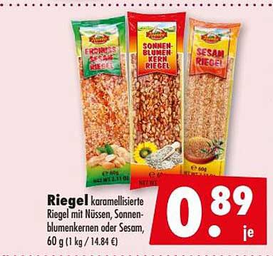 Riegel karamellisierte Riegel mit Nüssen, Sonnenblumenkernen oder Sesam, 60 g (1 kg / 14.84 €)