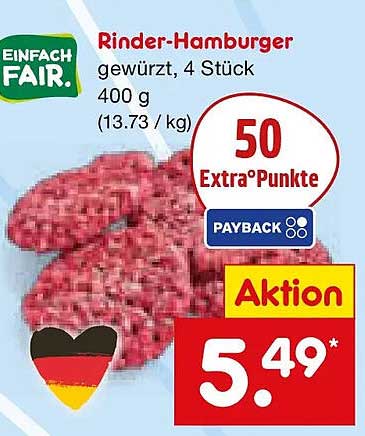 Rinder-Hamburger gewürzt, 4 Stück 400 g (13,73 / kg)