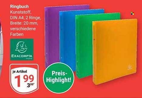 Ringbuch Kunststoff, DIN A4, 2 Ringe, Breite: 20 mm, verschiedene Farben