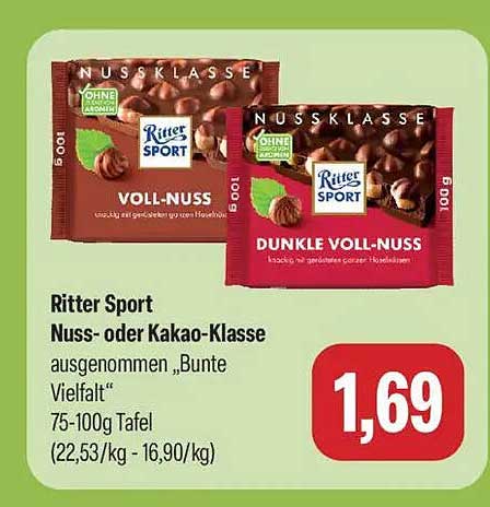Ritter Sport Nuss- oder Kakao-Klasse ausgenommen „Bunte Vielfalt“ 75-100g Tafel (22,53/kg - 16,90/kg)