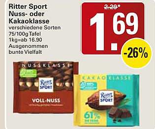 Ritter Sport Nuss- oder Kakao klasse verschiedene Sorten 75/100gTafel 1kg ab 16.90 Ausgenommen bunte Vielfalt