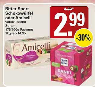 Ritter Sport Schokowürfel oder Amicelli verschiedene Sorten 176/200g Packung 1kg=ab 14.95