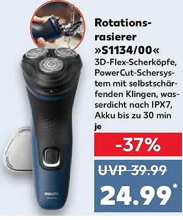 Rotationsrasierer »S1134/00« 3D-Flex-Scherköpfe, PowerCut-ScherSystem mit selbstschärfenden Klingen, wasserdicht nach IPX7, Akku bis zu 30 min je