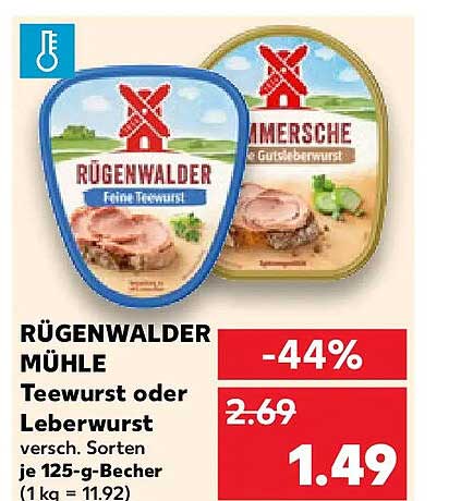 RÜGENWALDER MÜHLE Teewurst oder Leberwurst versch. Sorten je 125-g-Becher (1 kg = 11.92)