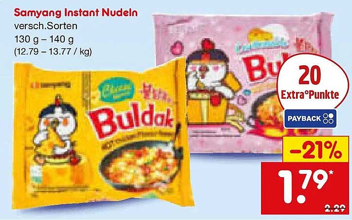 Samyang Instant Nudel versch.Sorten 130 g – 140 g (12.79 – 13.77 / kg)