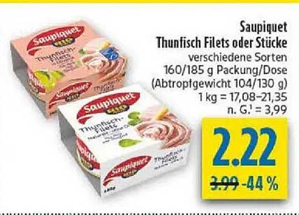 Saupiquet Thunfisch Filets oder Stücke verschiedene Sorten 160/185 g Packung/Dose (Abtropfgewicht 104/130 g)