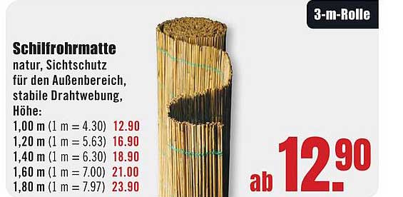 Schilfrohrmatte natur, Sichtschutz für den Außenbereich, stabile Drahtwebung, Höhe: