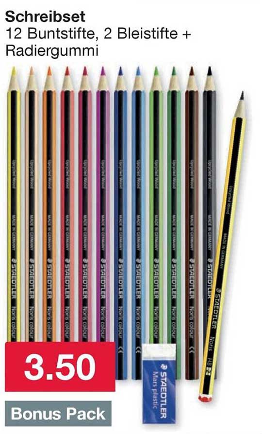 Schreibset 12 Buntstifte, 2 Bleistifte + Radiergummi