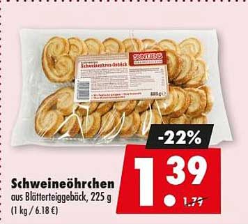 Schweineöhrchen aus Blätterteiggebäck, 225 g (1 kg / 6,18 €)