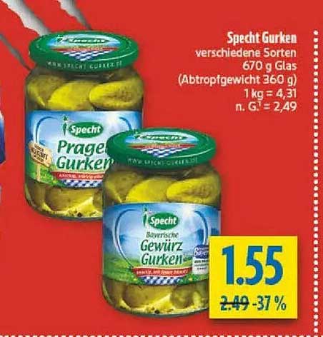 Specht Gurken verschiedene Sorten 670 g Glas (Abtropfgewicht 360 g)