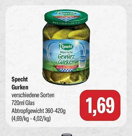Specht Gurken verschiedene Sorten 720ml Glas Abtropfgewicht 360-420g (4,69/kg - 4,02/kg)