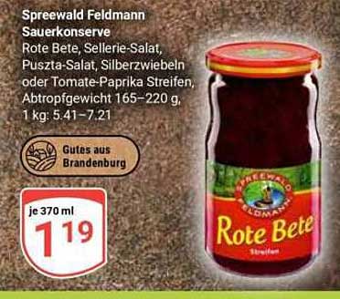 Spreewald Feldmann Sauerkonserve Rote Bete, Sellerie-Salat, Puszta-Salat, Silberzwiebeln oder Tomate-Paprika Streifen, Abtropfgewicht 165–220 g, 1 kg: 5,41–7,21