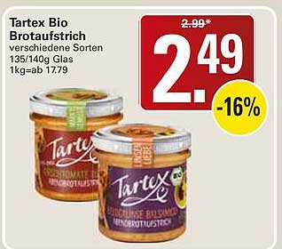 Tartex Bio Brotaufstrich verschiedene Sorten 135/140g Glas 1kg-ab 17.79