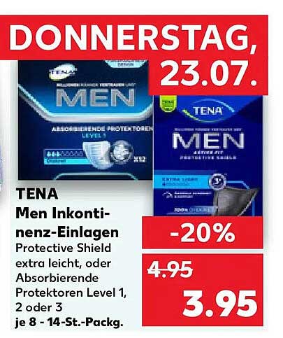 TENA Men Inkontinenz-Einlagen Protective Shield extra leicht, oder Absorbierende Protektoren Level 1, 2 oder 3 je 8 - 14-St.-Packg.