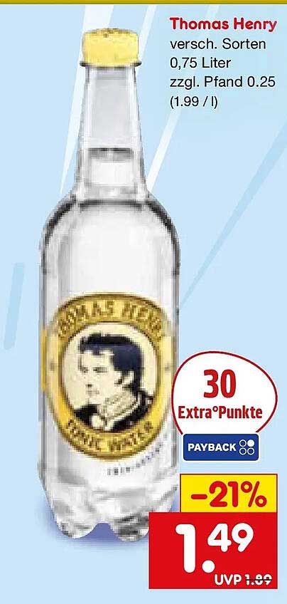 Thomas Henry versch. Sorten 0,75 Liter zzgl. Pfand 0.25 (1.99 / l)