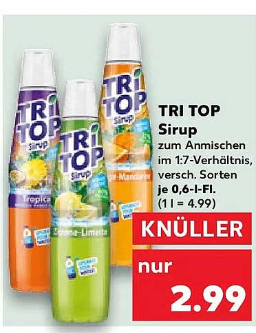 TRI TOP Sirup zum Anmischen im 1:7-Verhältnis, versch. Sorten je 0,6-l-Fl. (1 l = 4.99)